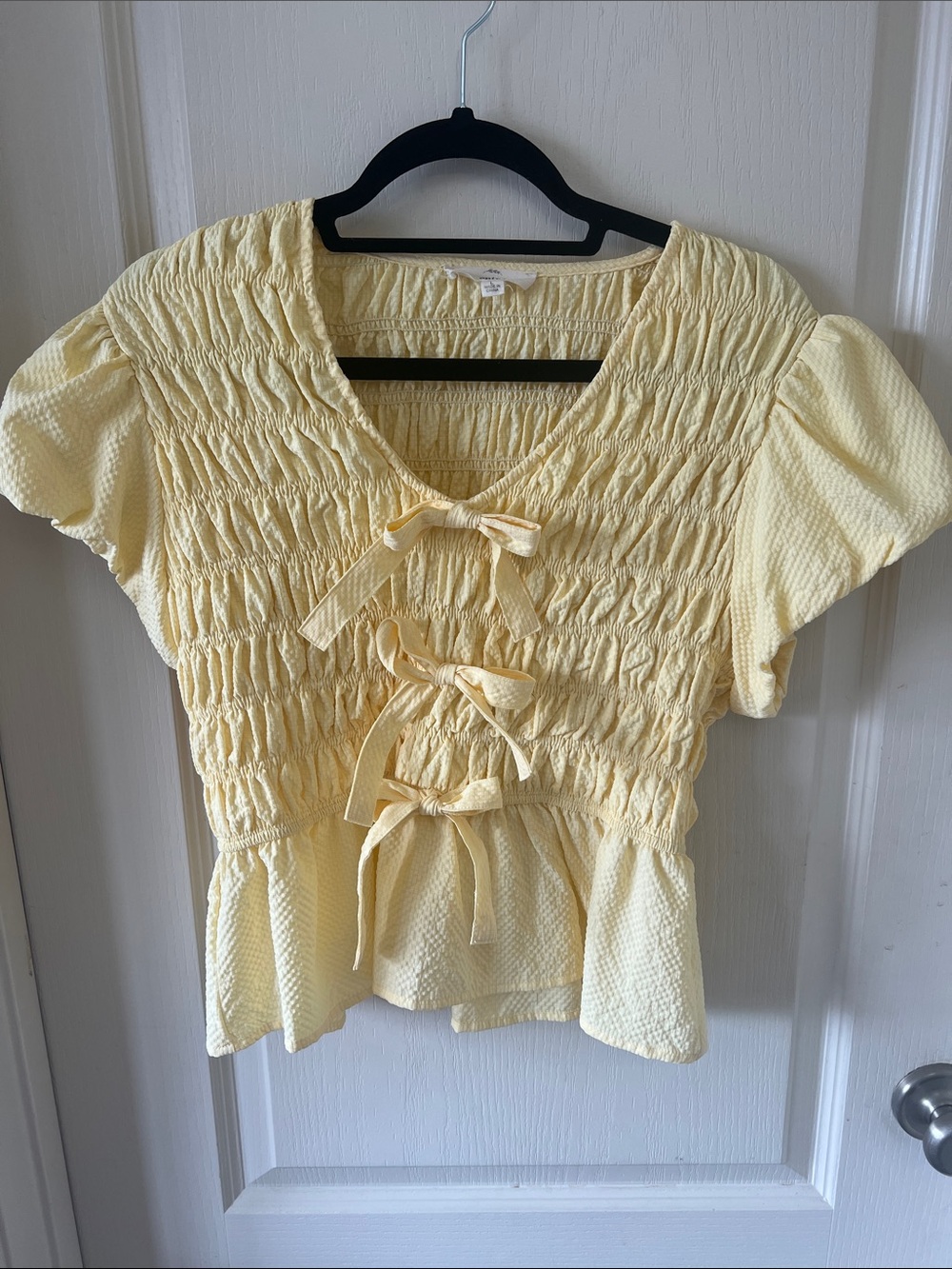 Entro Smocked Puff Sleeve Peplum Top - Soft Yellow